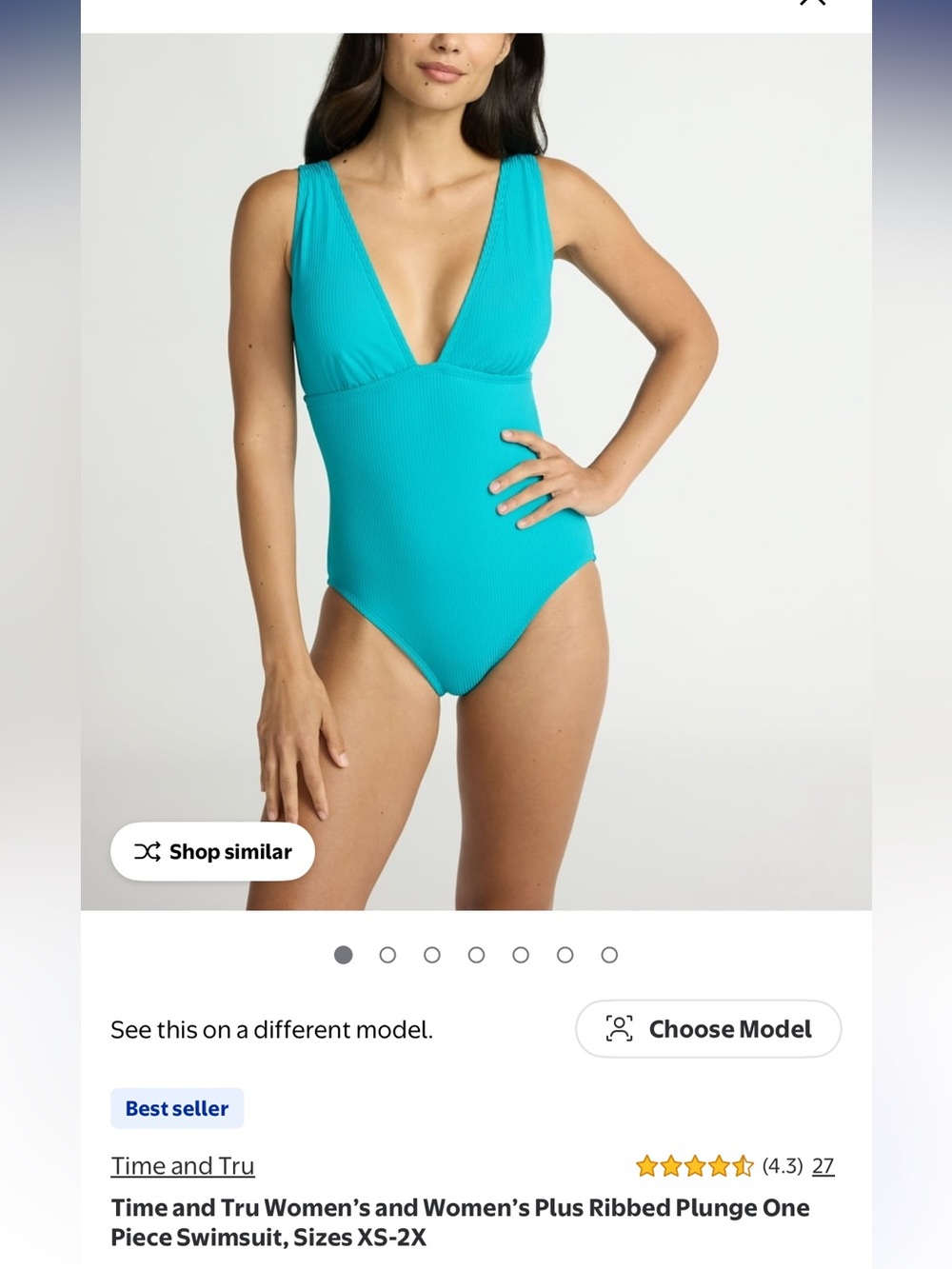 Time and Tru Turquoise Ribbed Plunge One-Piece Swimsuit